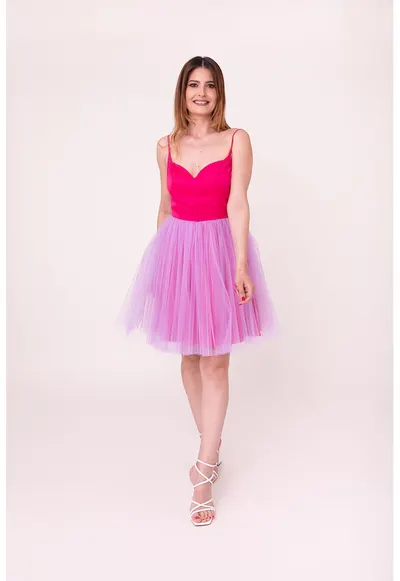 Rochie scurta evazata cu funda pe partea din spate Bloom - Fucsia/Lila
