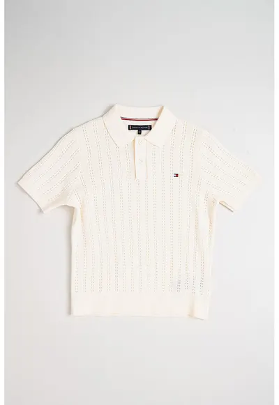 Tricou polo din tricot cu perforatii - Alb fildes