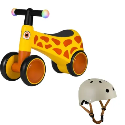 Bicicleta fara pedale, Lionelo, Sammy, Cu 4 roti, Din spuma EVA, Stabila, Manere moi, antiderapante, 12- 36 luni, Greutate maxima suportata 25 kg, Galben + Casca pentru copii, Reglabila 50-56 cm, Bej