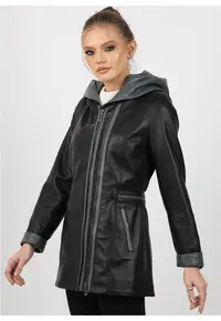Geaca de Dama din Piele de Miel cu Gluga - Model Olimpia - Negru
