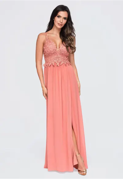 Rochie maxi eleganta cu decolteu adanc - cu aplicatii din dantela - LA-OM-DLR420 - Roz