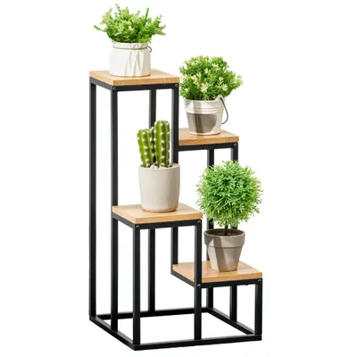 Outsunny Raft pentru Plante cu 4 niveluri din Metal și Lemn de Brad pentru Interior și Exterior, 34x34x66 cm, Natural | Aosom Romania