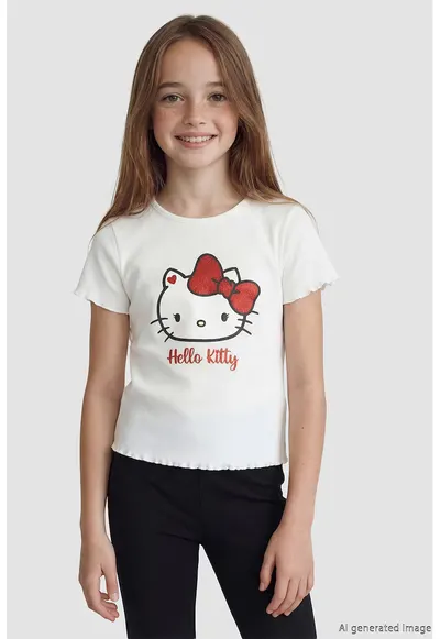 Tricou striay cu model tematic Hello Kitty - Alb optic