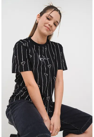 Tricou cu dungi si inimi - Negru/Piersica