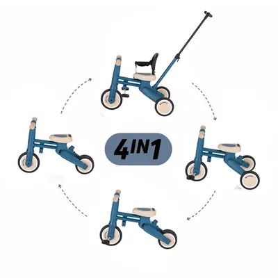 Tricicleta multifunctionala, Petite&Mars, Drift, 4 in 1, Vehicul de impins, Bicicleta, Cu maner detasabil si reglabil, Sezut ergonomic, Roti din cauciuc, Pana la 25 kg, 1.5-5 ani, Ocean Blue