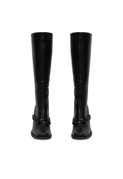 Cizme dama - tocul gros - varf patrat - negru - material sintetic