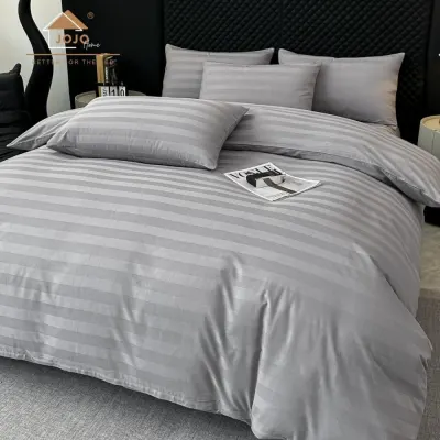 Lenjerie de Pat HoReCa DeLuxe, Damasc Premium din Bumbac Egiptean 100% , 6 Piese, Dunga Lata Tesuta, Cearceaf cu Elastic, Gri Deschis