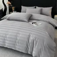 Lenjerie de Pat HoReCa DeLuxe, Damasc Premium din Bumbac Egiptean 100% , 6 Piese, Dunga Lata Tesuta, Cearceaf cu Elastic, Gri Deschis