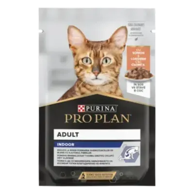 PURINA Pro Plan Indoor, Somon, plic hrană umedă pisici, limitarea ghemurilor de blană, (în sos), 85g