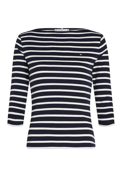 Bluza slim fit de bumbac cu maneci trei sferturi - Alb/Bleumarin