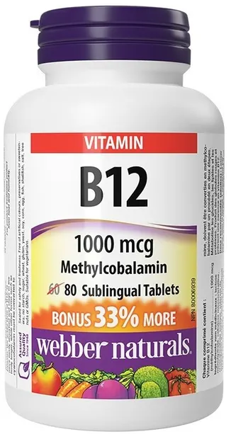 Vitamin B12, 1000 mcg, 80 tablete sublinguale, Webber Naturals