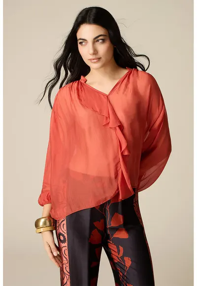 Bluza din amestec de matase cu volane - Rosu vermillion