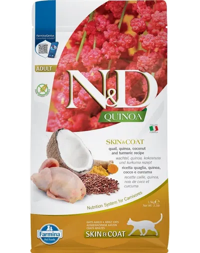 FARMINA N&D Cat Quinoa Skin&Coat Herring hrana uscata pentru pisici cu quinoa si prepelita 1,5 kg