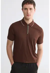 Tricou polo cu fenta cu fermoar - Maro inchis/Maro