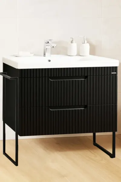 Set Baza front MDF si Lavoar seria 733, cadru metalic, sertare, montata, 80 cm, negru