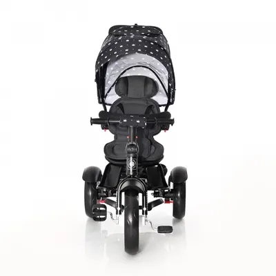 Tricicleta pentru copii Lorelli Neo Black Crowns 4 in 1, multifunctionala, control al directiei, scaun rotativ, spatar inalt reglabil, cosulet textil si 2 tipuri de suport pentru picioare