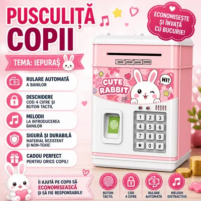 Pusculita pentru copii tip seif, Cod pin si amprenta, Muzica, Rulare automata a banilor, Cute Rabbit, Roz