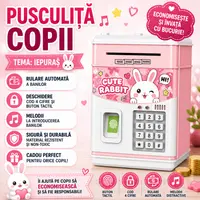 Pusculita pentru copii tip seif, Cod pin si amprenta, Muzica, Rulare automata a banilor, Cute Rabbit, Roz