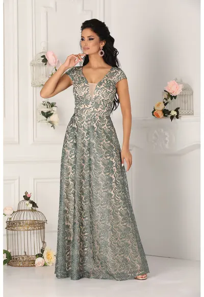 Rochie cu croiala A si strat exterior de dantela - Verde/Alb fildes