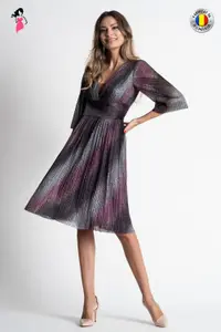 Rochie Xara de ocazie din lurex plisat gri cu roz