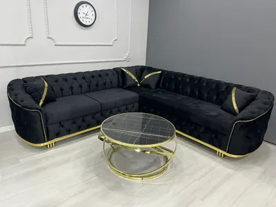 Colțar fix Luxury Velvet Black & Gold personalizabil pe culori, masa de cafea nu eate incusa in pret