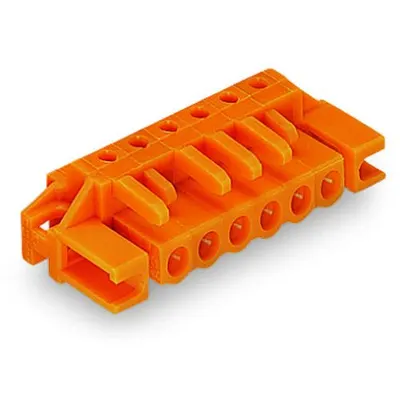THT female header; 0.6 x 1.0 mm solder pin; angled; Spacer flange; Pin spacing 5.08 mm; 14-pole; orange