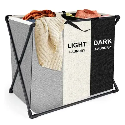 Cos de rufe murdare cu 3 compartimente, pliabil, pentru sortare si organizare haine la baie, material textil, cadru aluminiu, dimensiuni 62 x 34 x 56 cm