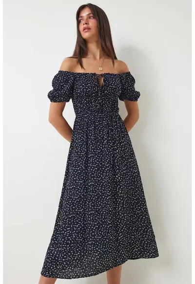 Rochie Midi - Happiness Istanbul - Albastru Marin - cu imprimeu floral - maneci scurte - 100% viscoza