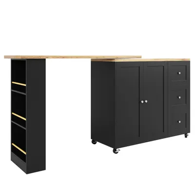 Insulă de bucătărie extensibilă, rotativă la 360°, cu 3 sertare, 2 uși și raft lateral pentru gustări, 135-203x39x106 cm, Negru