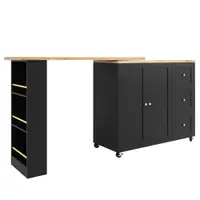 Insulă de bucătărie extensibilă, rotativă la 360°, cu 3 sertare, 2 uși și raft lateral pentru gustări, 135-203x39x106 cm, Negru
