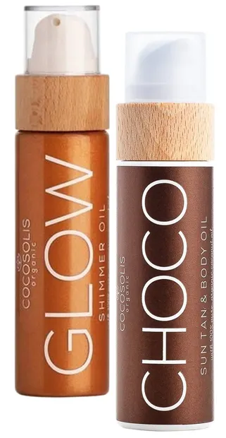 Cocosolis Suntan & Body Set - Ulei bio pentru bronz rapid Choco și Ulei uscat iluminator Glow, 2 x 110 ml
