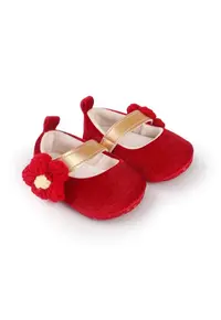 Pantofi Din Catifea - Cu Floricica Aplicata - Casual - Textil - Fete - Velcro - Rosu