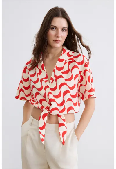 Camasa crop cu prindere cu cordon - Rosu vermillion/Alb murdar