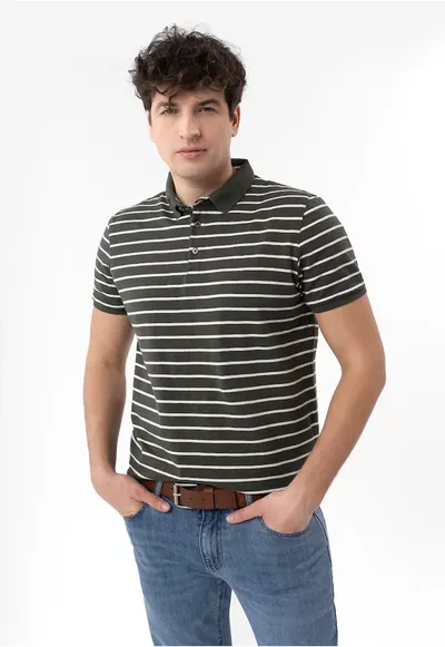 Tricou polo barbati cu dungi din bumbac - Regular Fit - O-Lantiano - verde - Verde