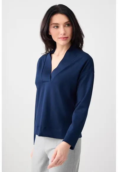 Bluza de trening din amestec de modal cu decolteu in V si maneci cazute - Bleumarin