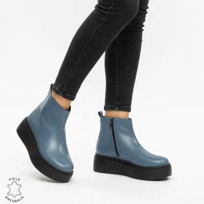 Ghete casual din piele naturală cu talpa solida cu fermoar CRL1511Albastru
