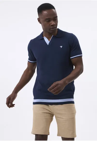 Tricou polo tricotat fin - Albastru ultramarin/Albastru deschis