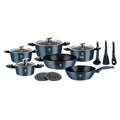 Vase din Aluminiu, Albastre, Set 15 Piese, Capace din Sticla, Compatibile cu Plita cu Inductie, Grunberg