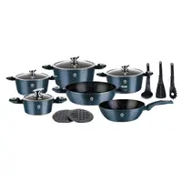 Vase din Aluminiu, Albastre, Set 15 Piese, Capace din Sticla, Compatibile cu Plita cu Inductie, Grunberg
