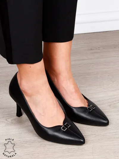 Pantofi Eleganti dama din piele naturala cu catarama CRL1577 NEGRU