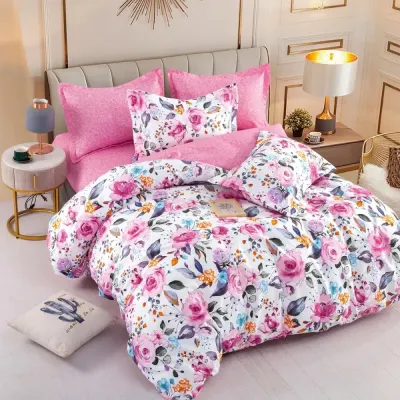 Lenjerie pat dublu, FINET, 6 piese, Jojo Home, Alb, Roz, flori