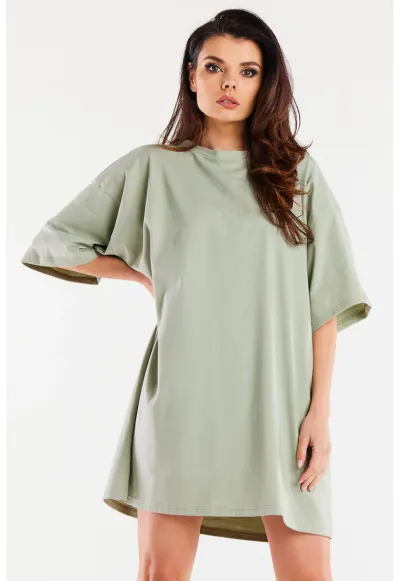 Rochie oversize cu maneca scurta din bumbac - - Verde