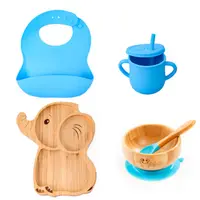 Set diversificare pentru copii Castron, farfurie elefant din bambus cu lingurita, cana cu pai si baveta Oaki Albastru