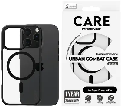 Husă CARE - Urban Combat Black Frame MagSafe, iPhone 16 Pro, negru /transparent