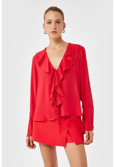 Bluza lejera cu volane si snururi frontale - Rosu vermillion