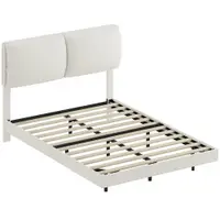 HOMCOM Pat dublu 135x190 cm Somier cu tăblie căptușită Efect plutitor Structură metalică Bej | Aosom Romania