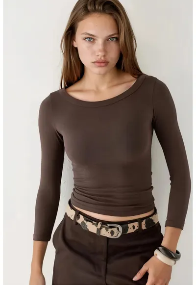 Bluza dama guler rotund - maneca lunga - maro - jerseu bumbac-polietser