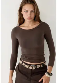 Bluza dama guler rotund - maneca lunga - maro - jerseu bumbac-polietser