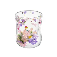 Pahar cu inserție de flori uscate, hortensii și limonium culori pastel, pereți dubli, sticlă borosilicată, 200 ml, Aurora Bloom