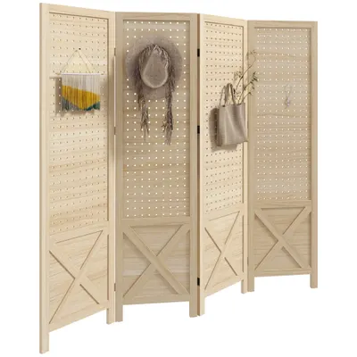 HOMCOM, Paravan interior din lemn, 4 panouri, separator de cameră pliabil, panou perforat, 152 x 1,7 x 144,5 cm, lemn natural | Aosom Romania